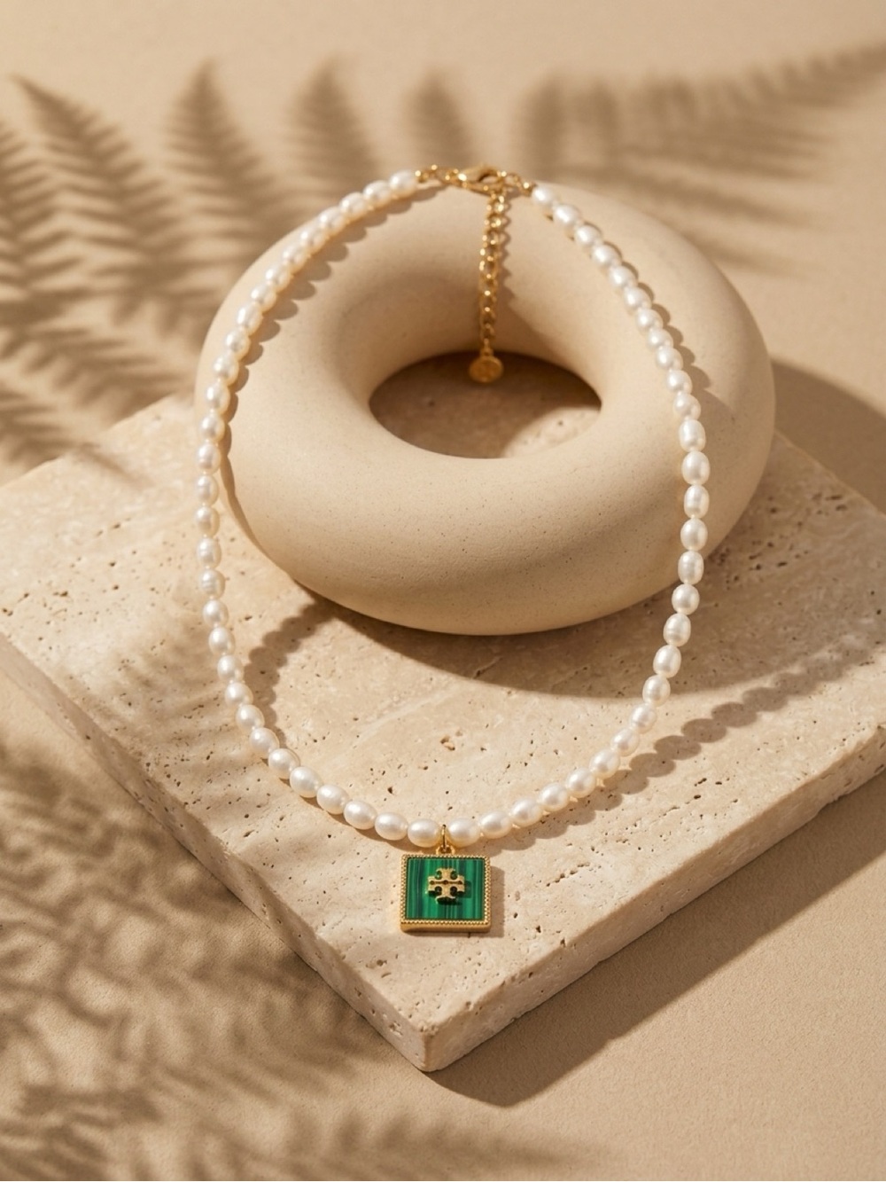 Tory Burch White Pearl Necklace with Green Enamel Pendant and Gold Accents